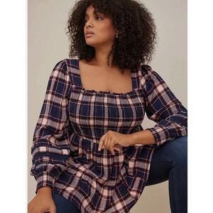 Torrid Babydoll Top Women 2 2X Lenny Lace Navy Pink Tartan Smocked Cottagecore